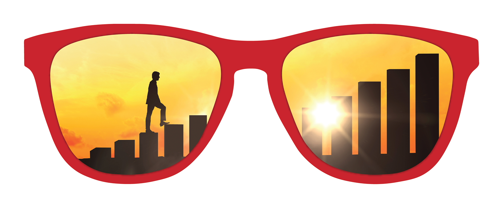 Red glasses frame with yellow glass reflecting people and building