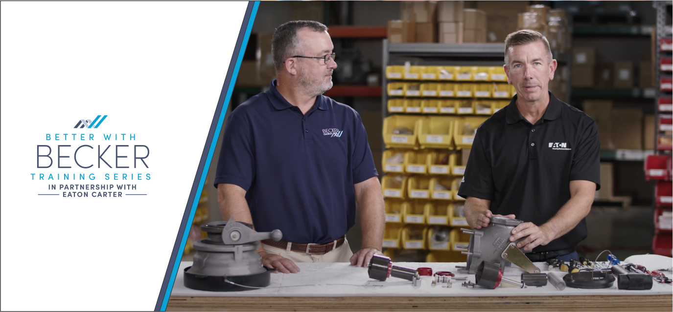 Becker Aviation Training Series graphic next to a photo of two men in a warehouse with mechanical components