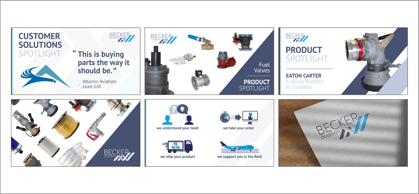 6 rectangles showing various digital banners and marketing materials for Becker Aviation