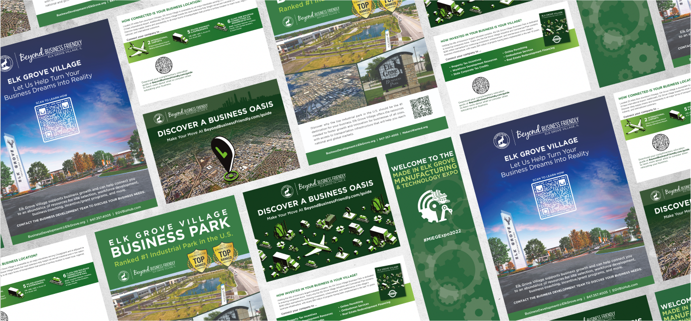 A variety of colorful green marketing materials for Elk Grove Business Park