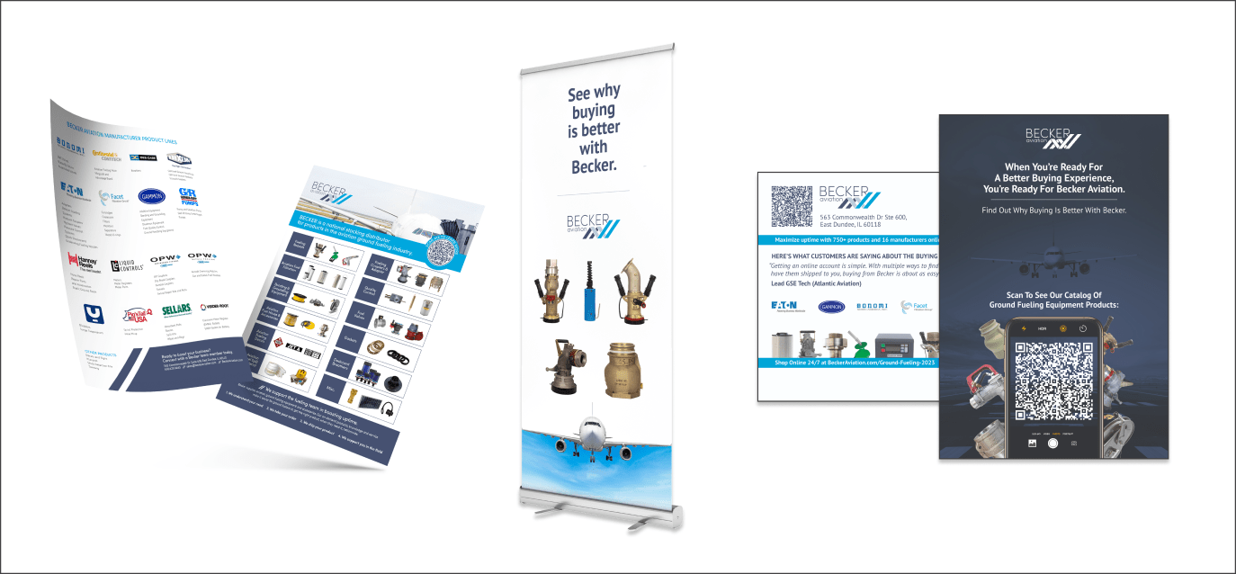 Digital renderings of different marketing materials with Becker Aviation branding