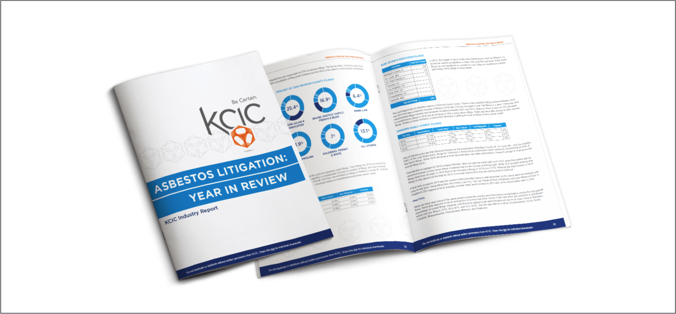 Blue and white catalog for KCIC Absestos Litigation Year in Review