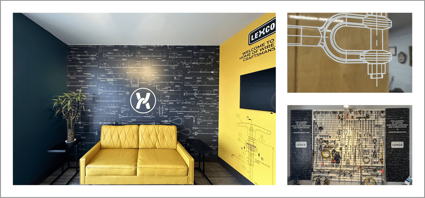 Three photos of the Lexco office, with a gold accent wall and gold couch