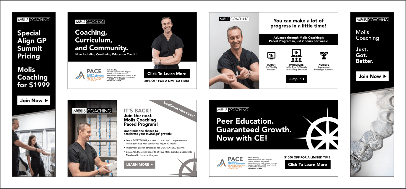 7 display ads for Molis Coaching, with black and white branding and photos of a smiling man in black medical scrubs