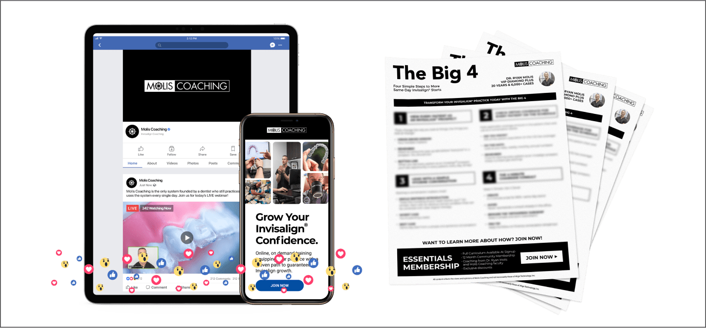 Digital rendering of a tablet that shows a Facebook page for Molis Coaching and a stack of membership forms