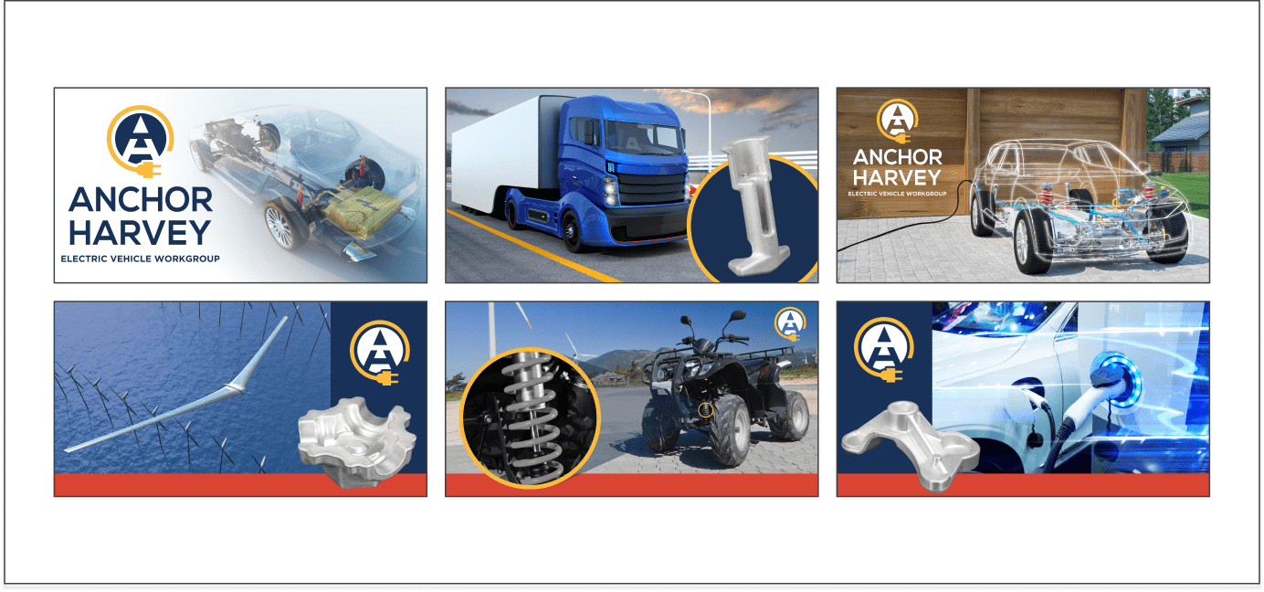 6 rectangles showing different images of electric vehicles and electric vehicle components, with Anchor Harvey logos
