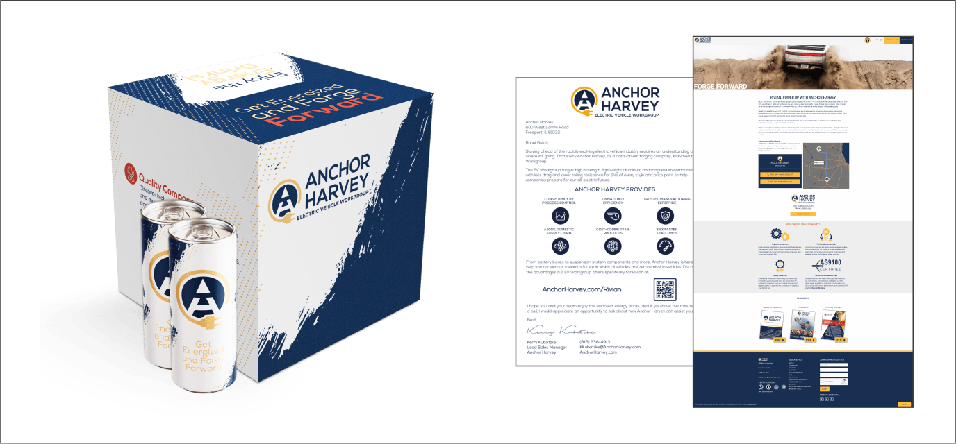 Digital mockups of an energy drink, website, and tablet app featuring Anchor Harvey branding