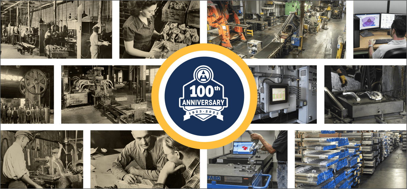 Montage of several photos of Anchor Harvey, with a logo in the center for the Anchor Harvey 100th Anniversary