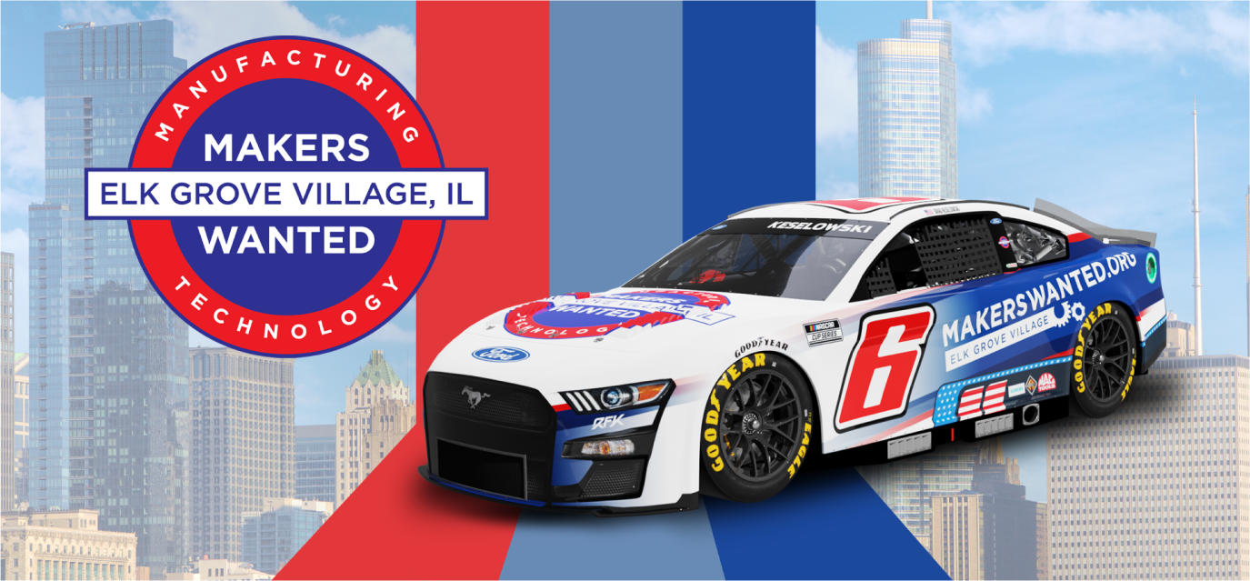 A racecar covered in logos for Elk Grove Village, IL Manufacturing Technology: Makers Wanted