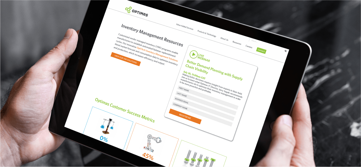 Hands holding a tablet, which displays a website for Optimas inventory management resources