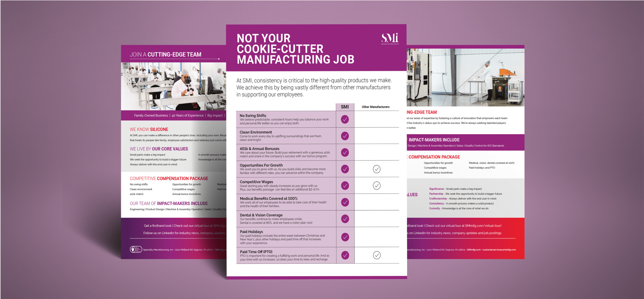 Digital mockup of a purple and red whitepaper report for SMI manufacturing