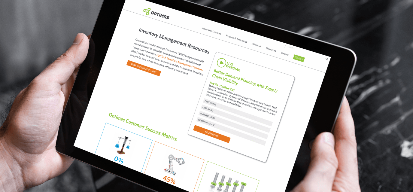 Hands holding a tablet, which displays a website for Optimas inventory management resources