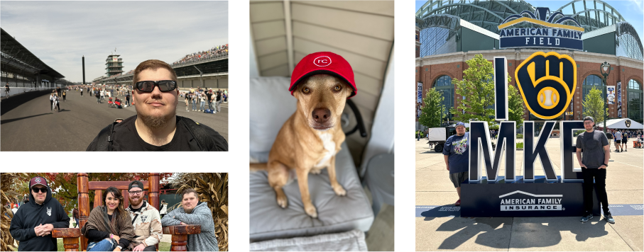 Collage of photos of people on vacation and a brown dog in a Red Caffeine hat