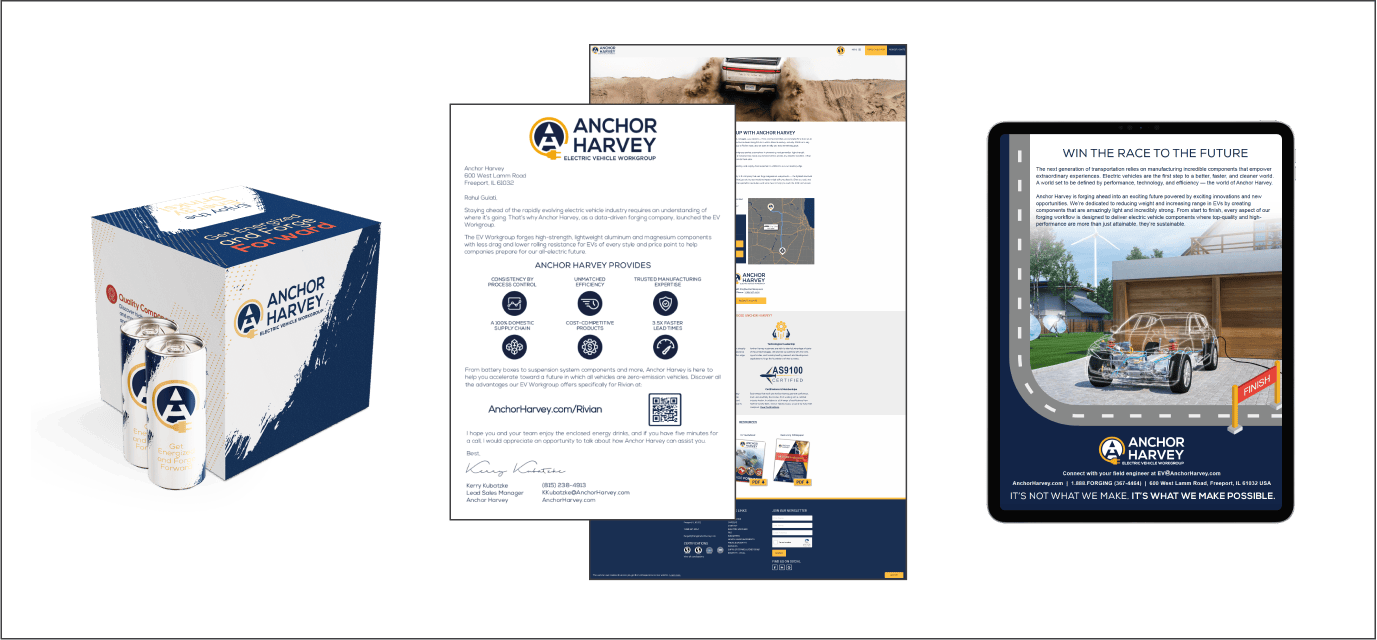 Digital mockups of an energy drink, website, and tablet app featuring Anchor Harvey branding