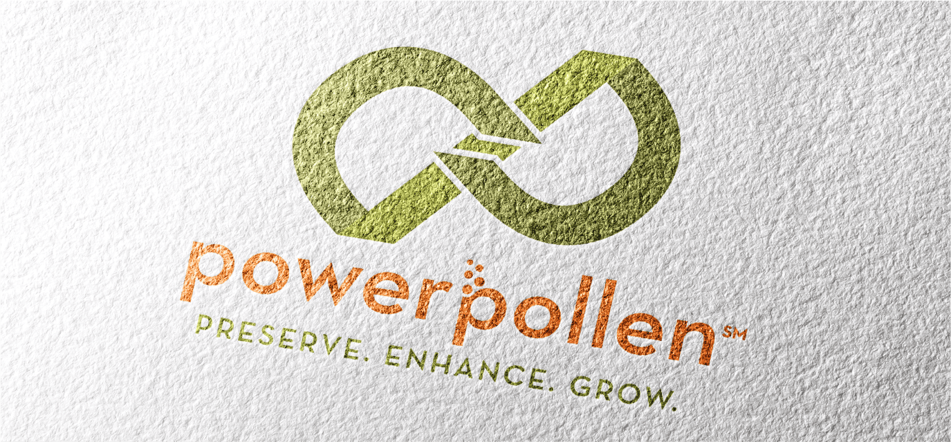 Green and orange logo resembling an infinity sign and the words "Power Pollen: Preserve, Enhance, Grow"