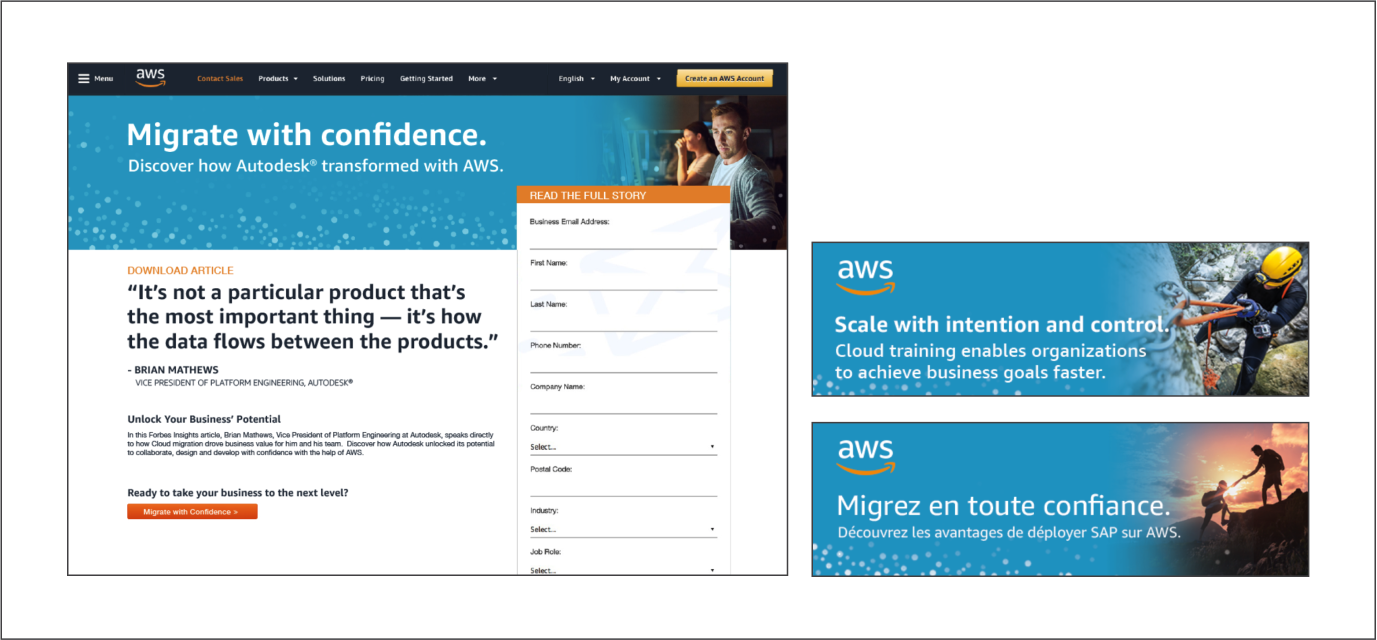 Screenshots of Amazon AWS platform home screen and two smaller display ads