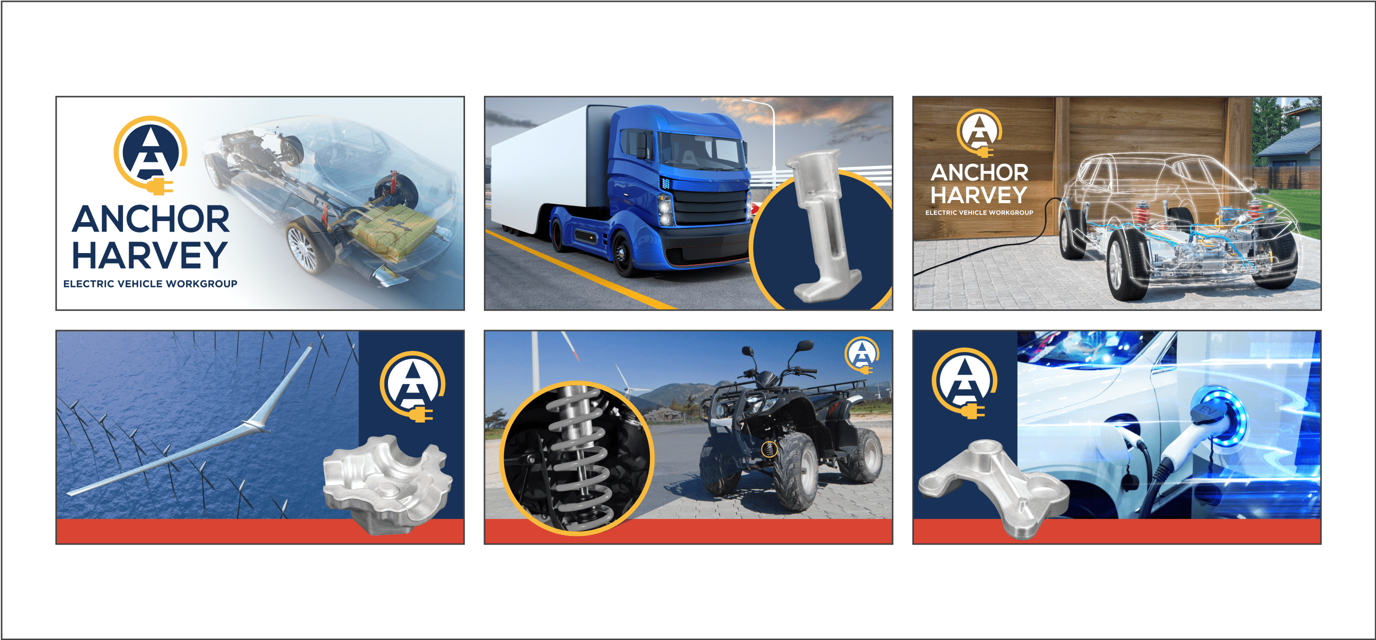 6 rectangles showing different images of electric vehicles and electric vehicle components, with Anchor Harvey logos