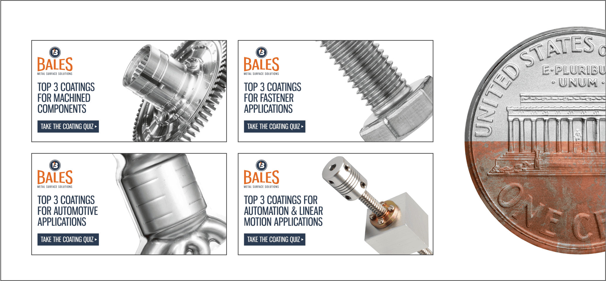 Four graphics for Bales Coating Quiz next to a close up photo of a US coin