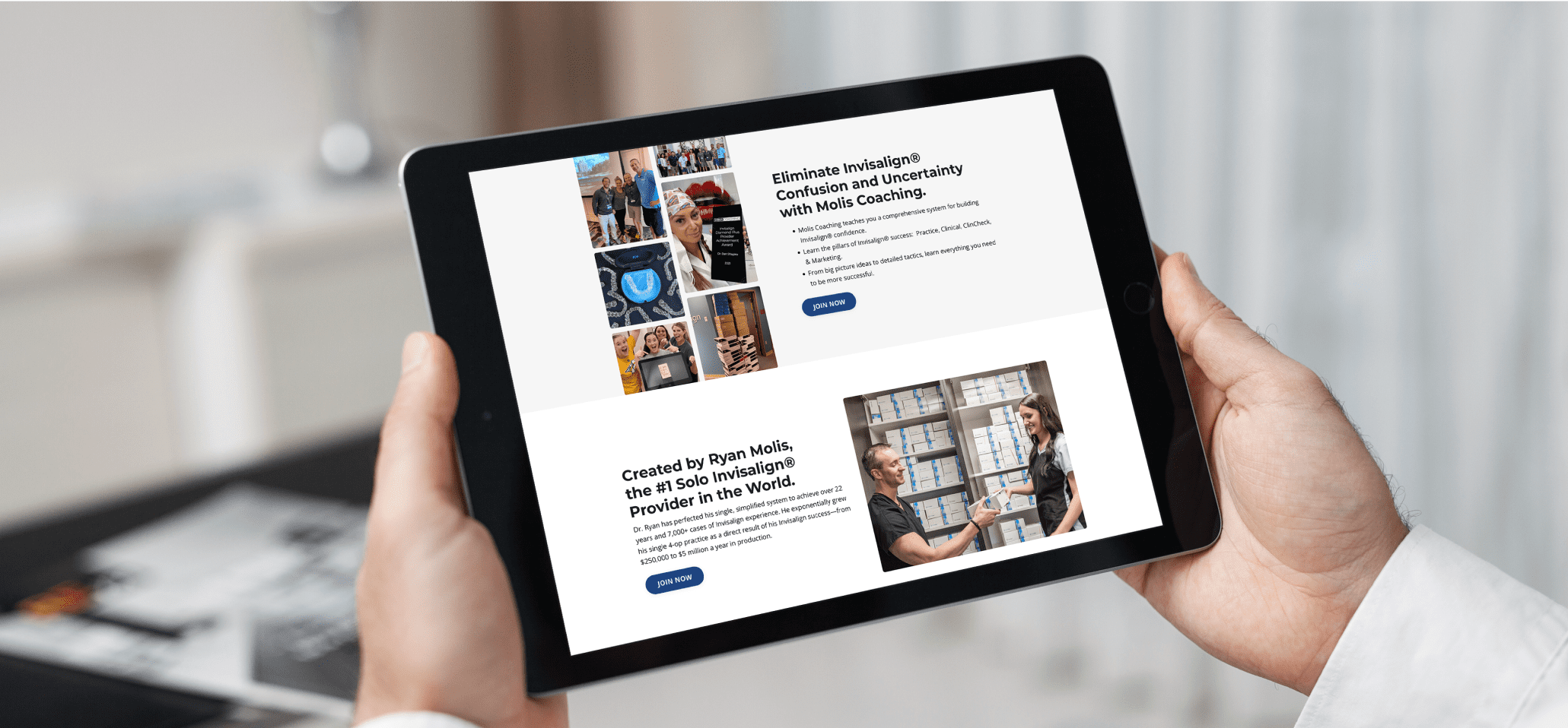 Hands holding a tablet showing the website for Molis Coaching