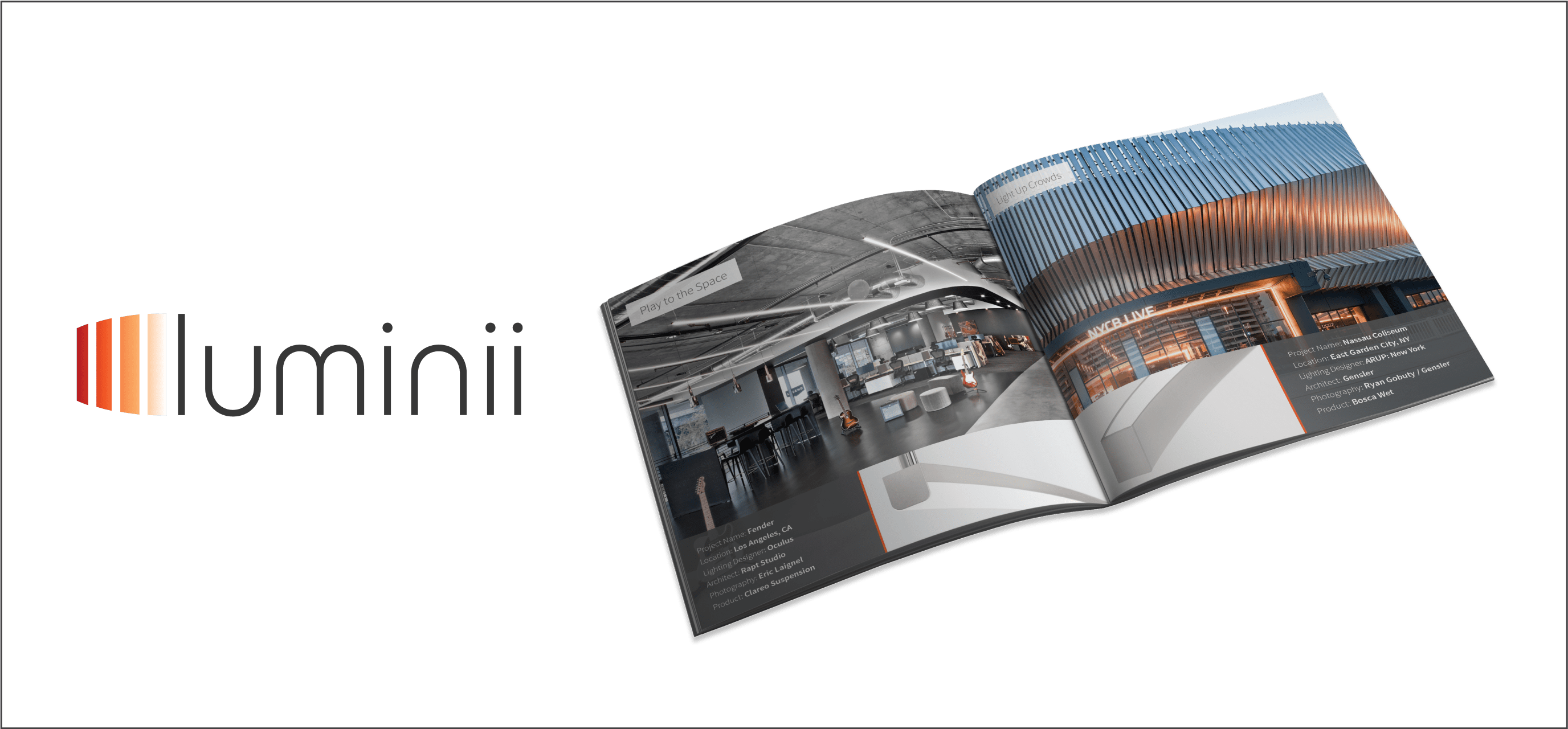 Digital mockup of an architecture portfolio next to a Luminii logo
