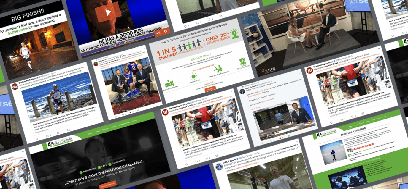 Multiple screenshots of different news stories, Tweets, videos, and websites