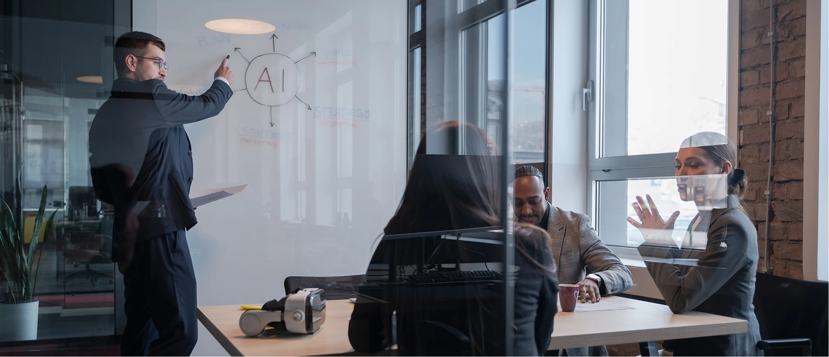 A professional businessman presenting an AI strategy on a whiteboard to his colleagues in a modern office.