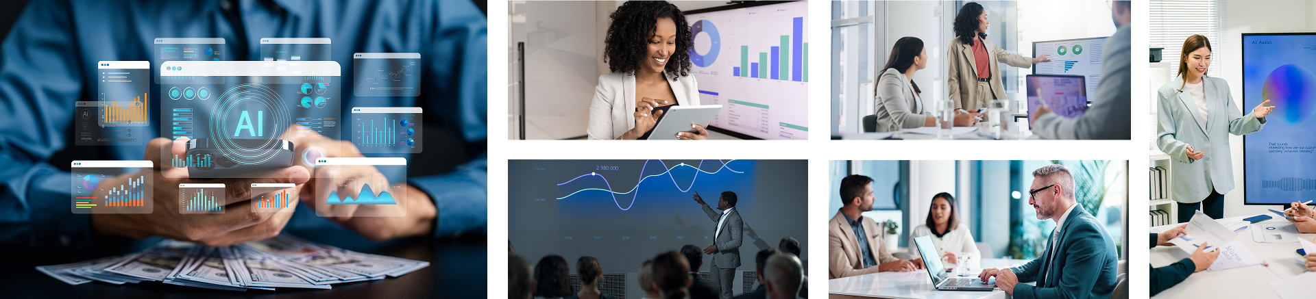 A photo collage of business professionals utilizing technology, data visualization, and AI in various collaborative meetings and presentations. A photo collage of business professionals utilizing technology, data visualization, and AI in various collaborative meetings and presentations.